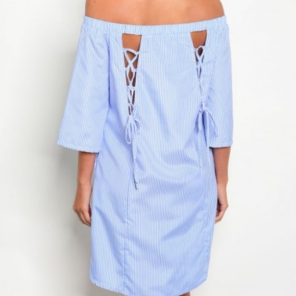 Blue and White Stripe Off Shoulder Shift Dress - Picture 2 of 4